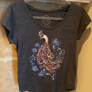 Lucky Brand Grey Colorful Graphic Peacock Soft Shirt Boho Festival Casual